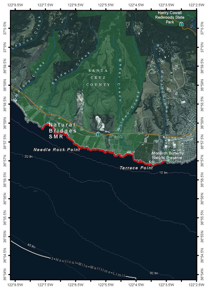 Map of Natural Bridges State Marine Reserve - click to enlarge in new tab